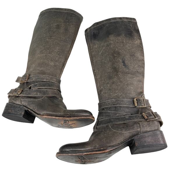 Freebird By Steven Irish Tall Leather Riding Boots Triple Buckle Strap 6 Brown - Picture 8 of 12